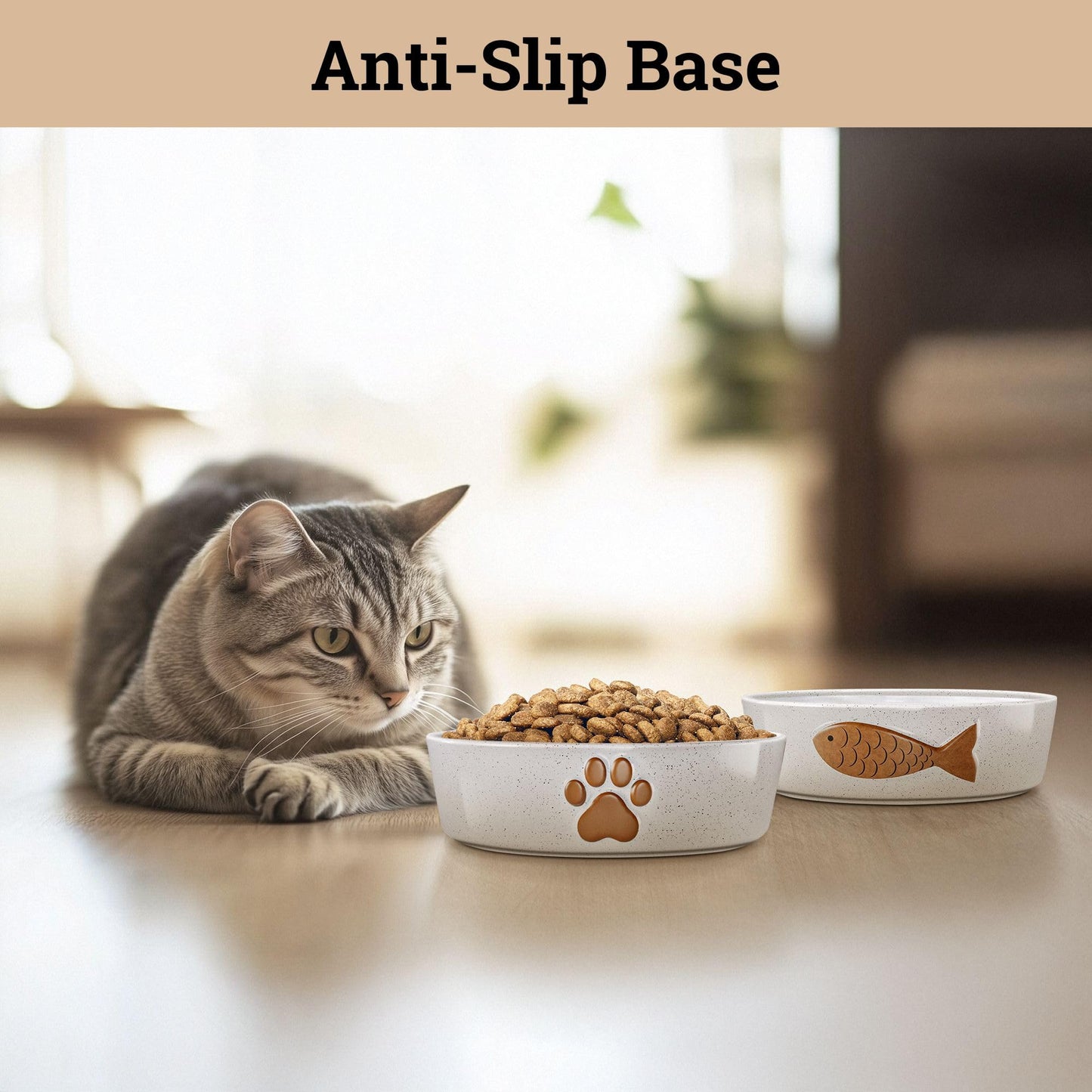Ceramic Cat Bowl Set of 2 Cute Designs with Anti-Slip Bases