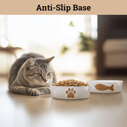 Ceramic Cat Bowl Set of 2 Cute Designs with Anti-Slip Bases