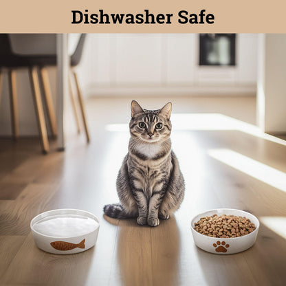 Ceramic Cat Bowl Set of 2 Cute Designs with Anti-Slip Bases